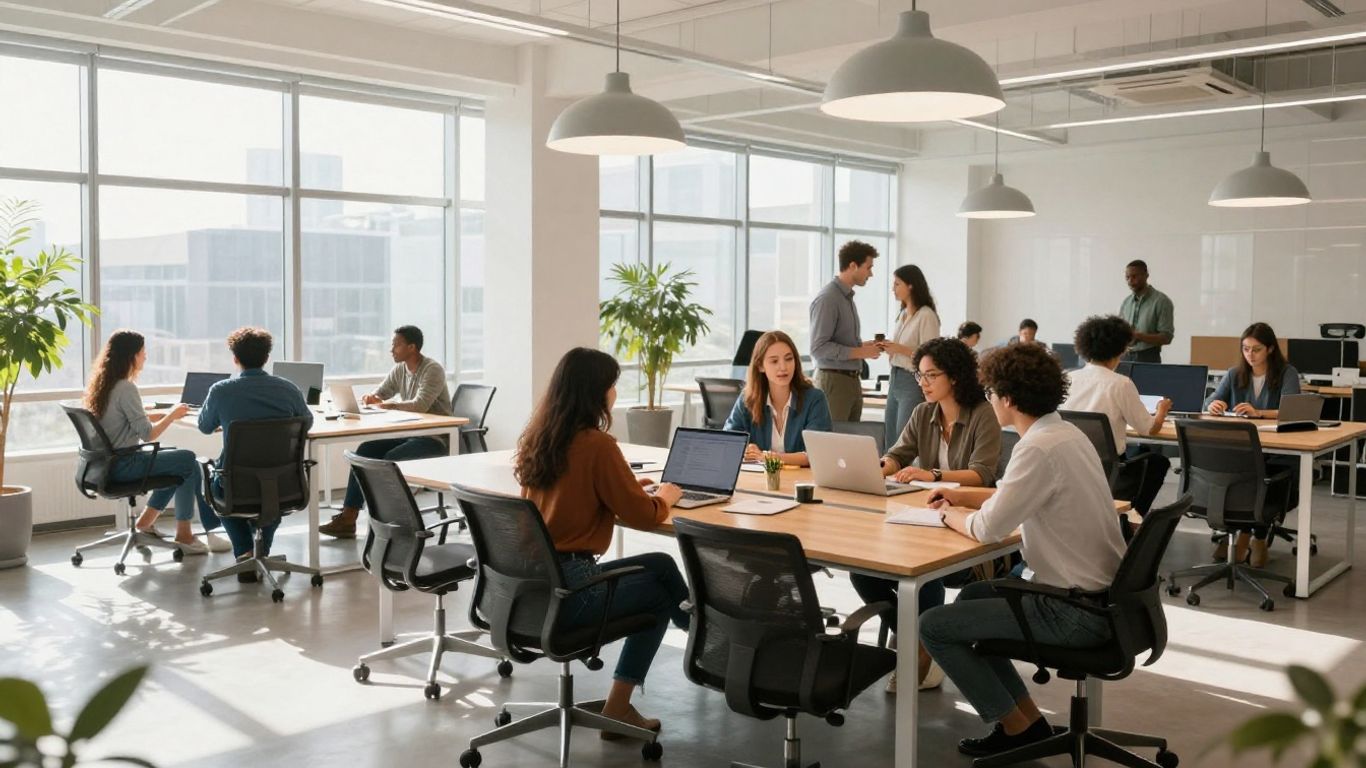 Team collaborating in a modern, sunlit office space.