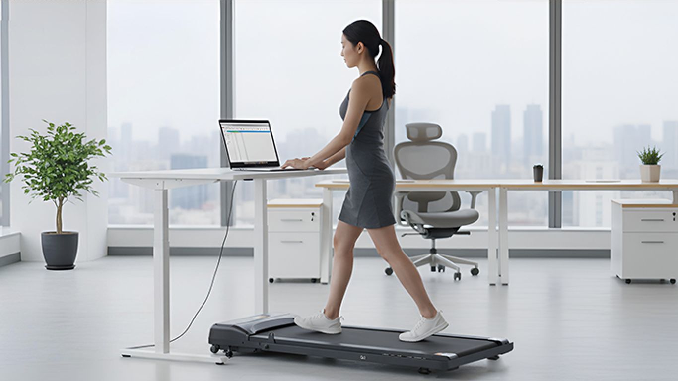 Person walks on treadmill desk while working on laptop.