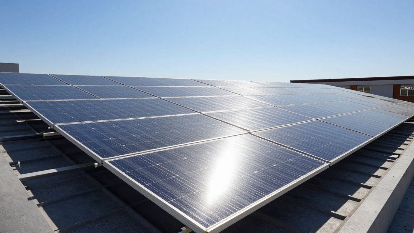 Solar panels on a roof under a blue sky.
