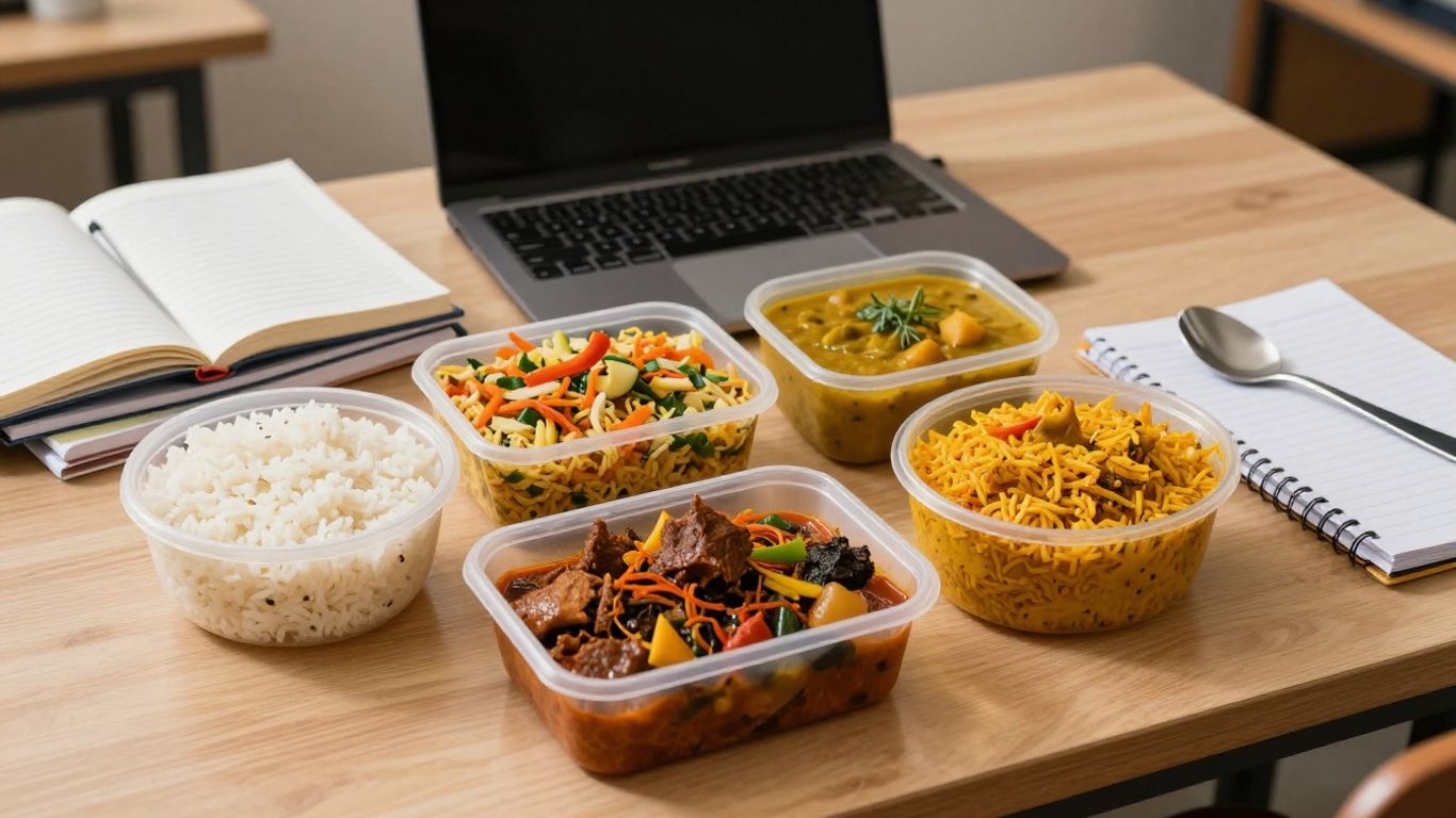 Indian meal portions arranged beside university study desk