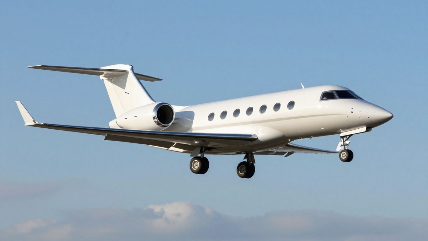 Sleek business jet flying high above clouds.