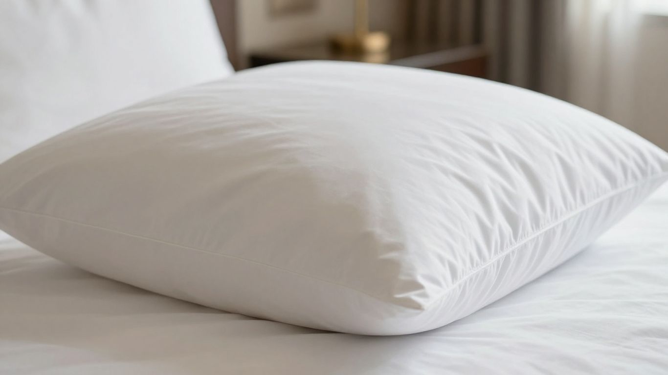 Plush hotel pillow with clean white pillowcase.