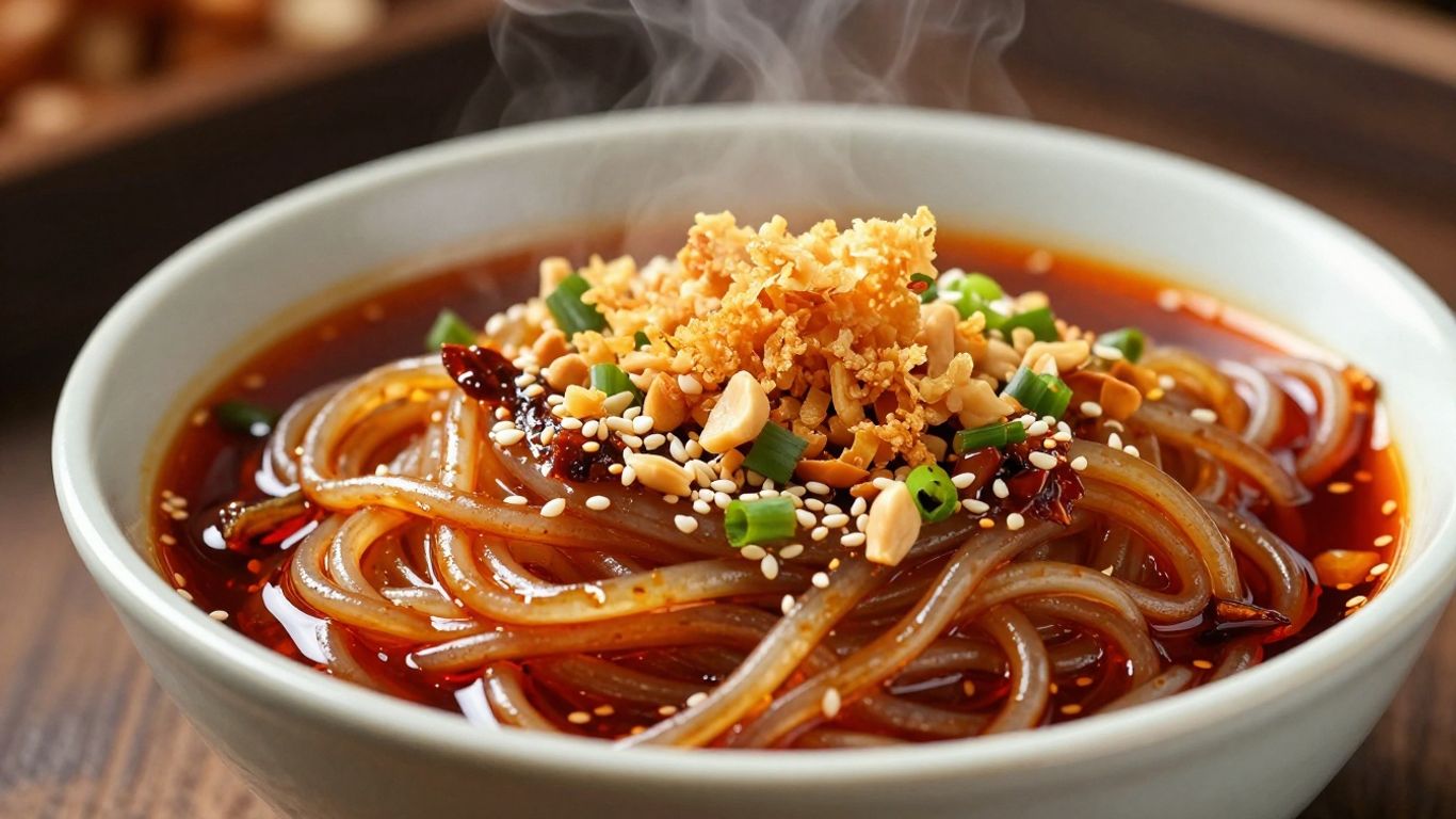 Crispy garlic and chili topping over noodles