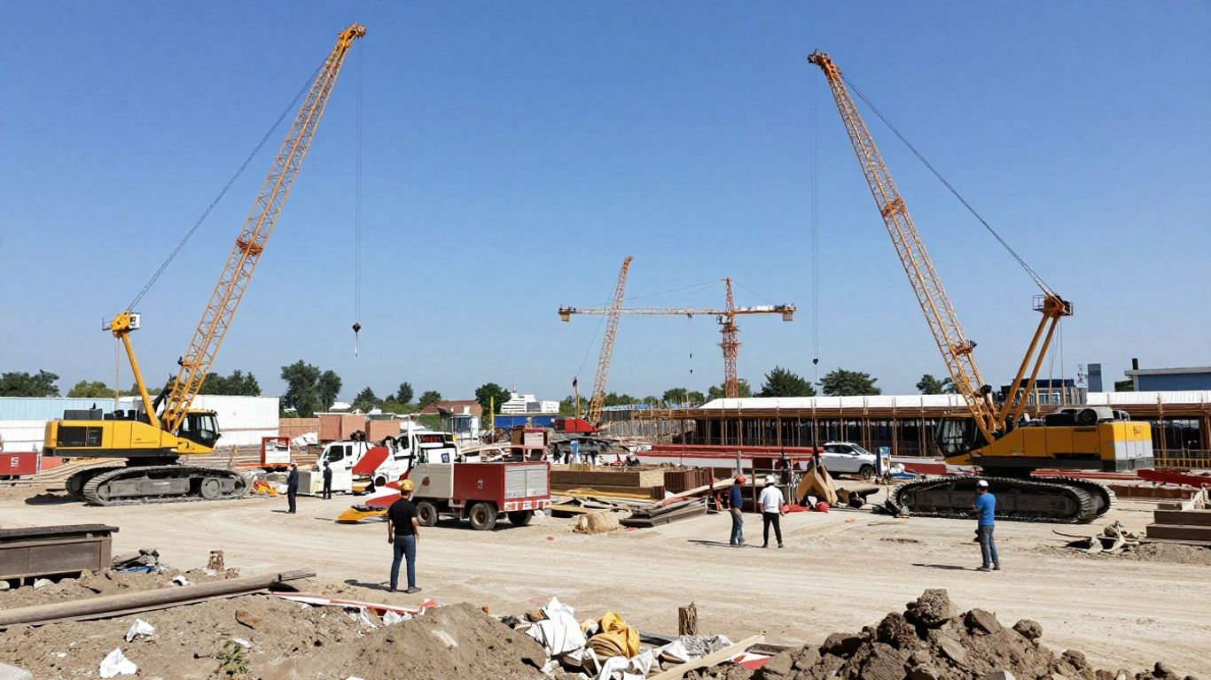Bechtel construction site with cranes and heavy machinery.