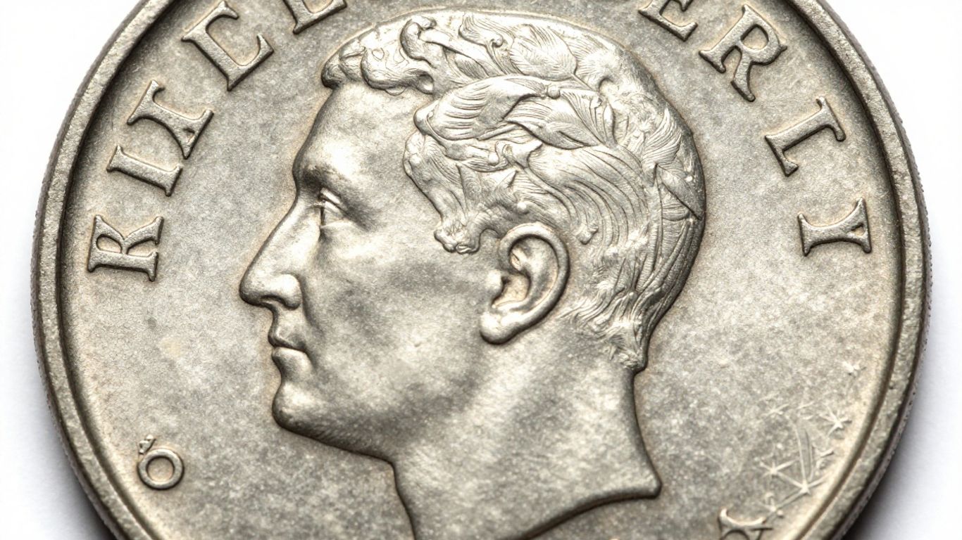 A close-up view of a copper coin featuring visible metal shelf edges.