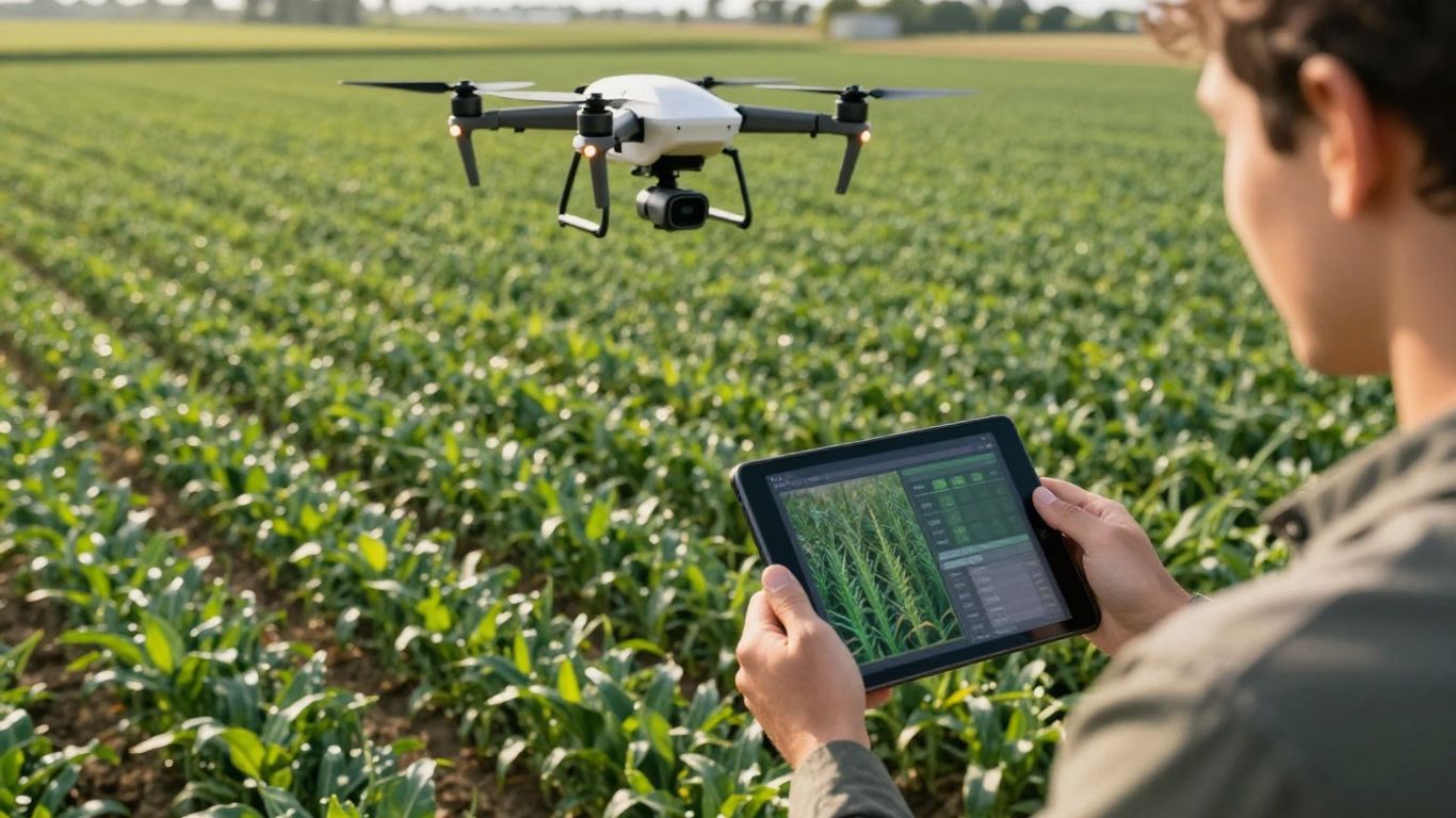 Drone supraveghind recolta, fermier cu tableta.