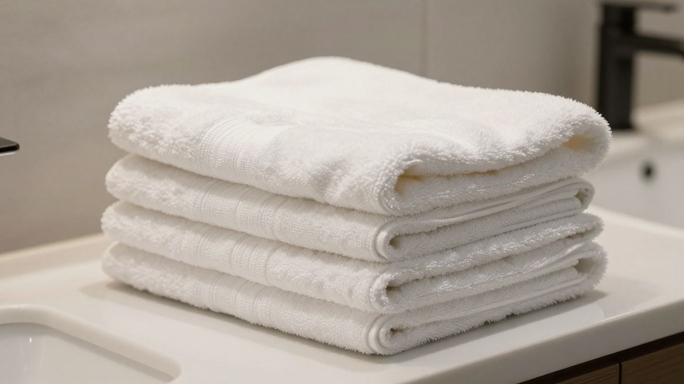 Toallas blancas de hotel apiladas para Airbnb.