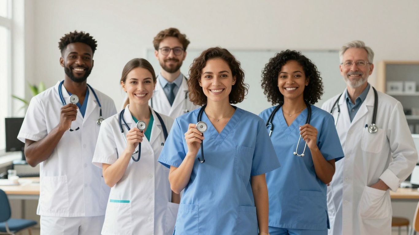Healthcare professionals in scrubs smiling in a classroom.