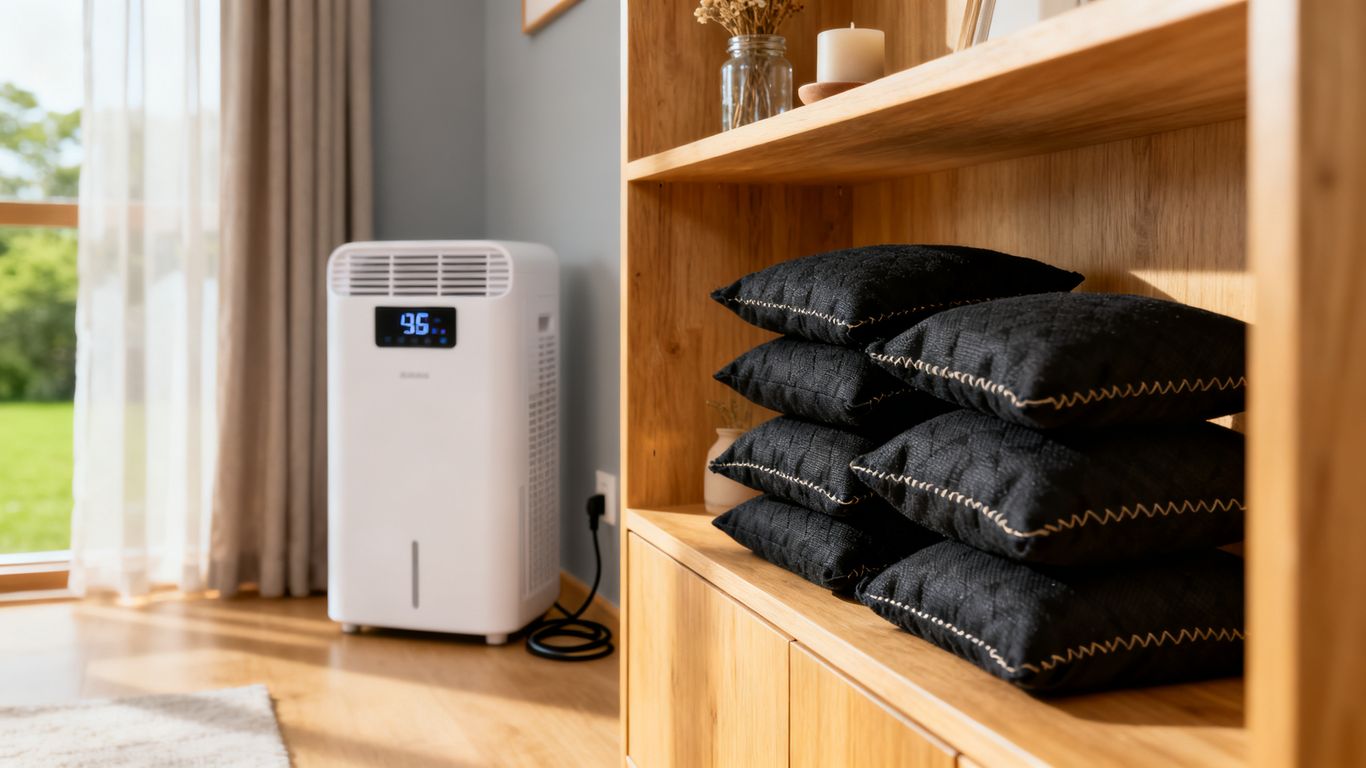Electric dehumidifier and charcoal bags side by side