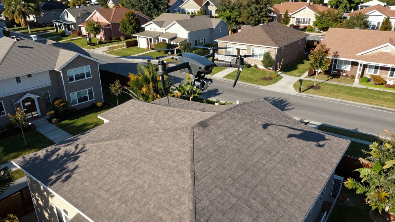 Drone measuring a house roof from above.