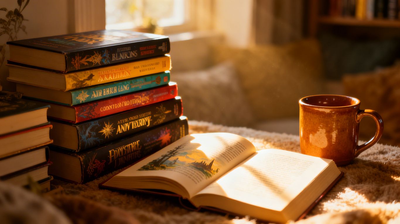 Stack of colorful fiction books with sunlight and a warm mug.