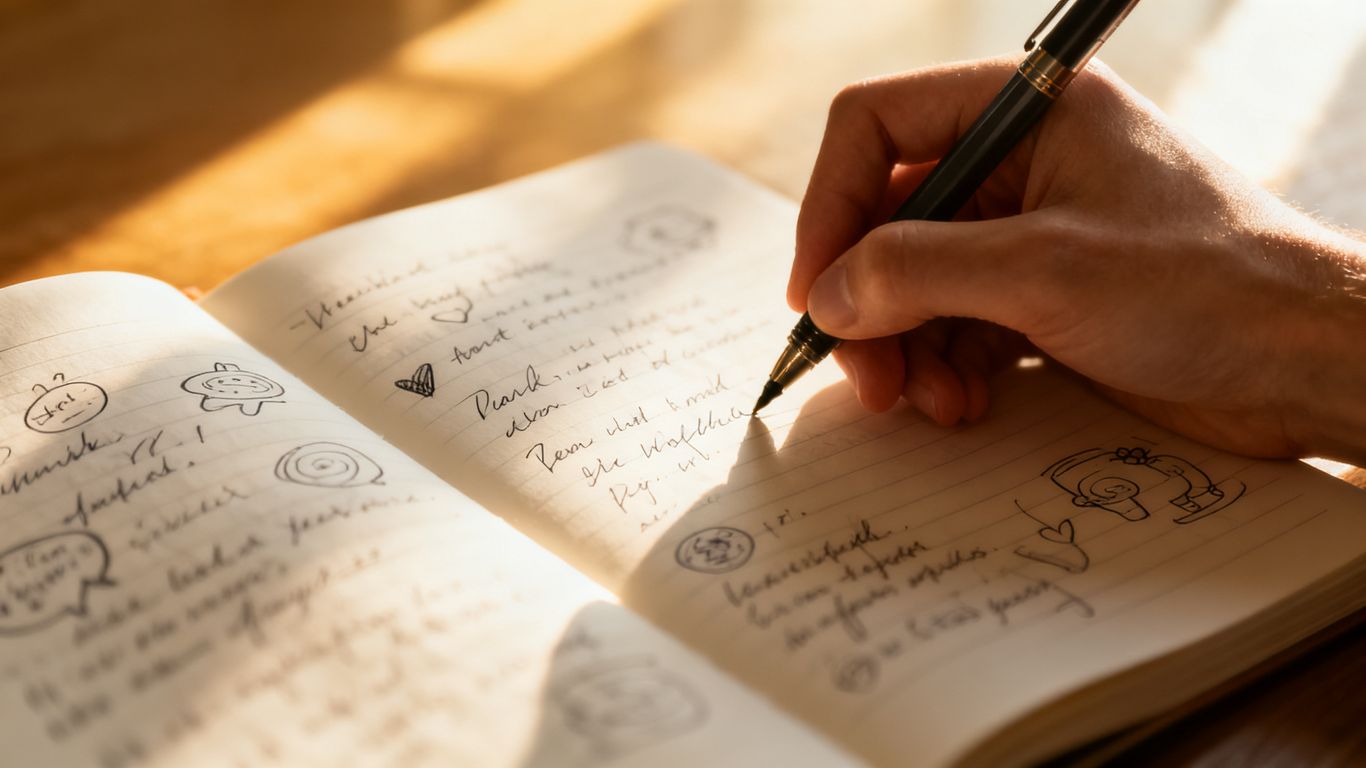 Handwriting notes in a notebook for better memory.