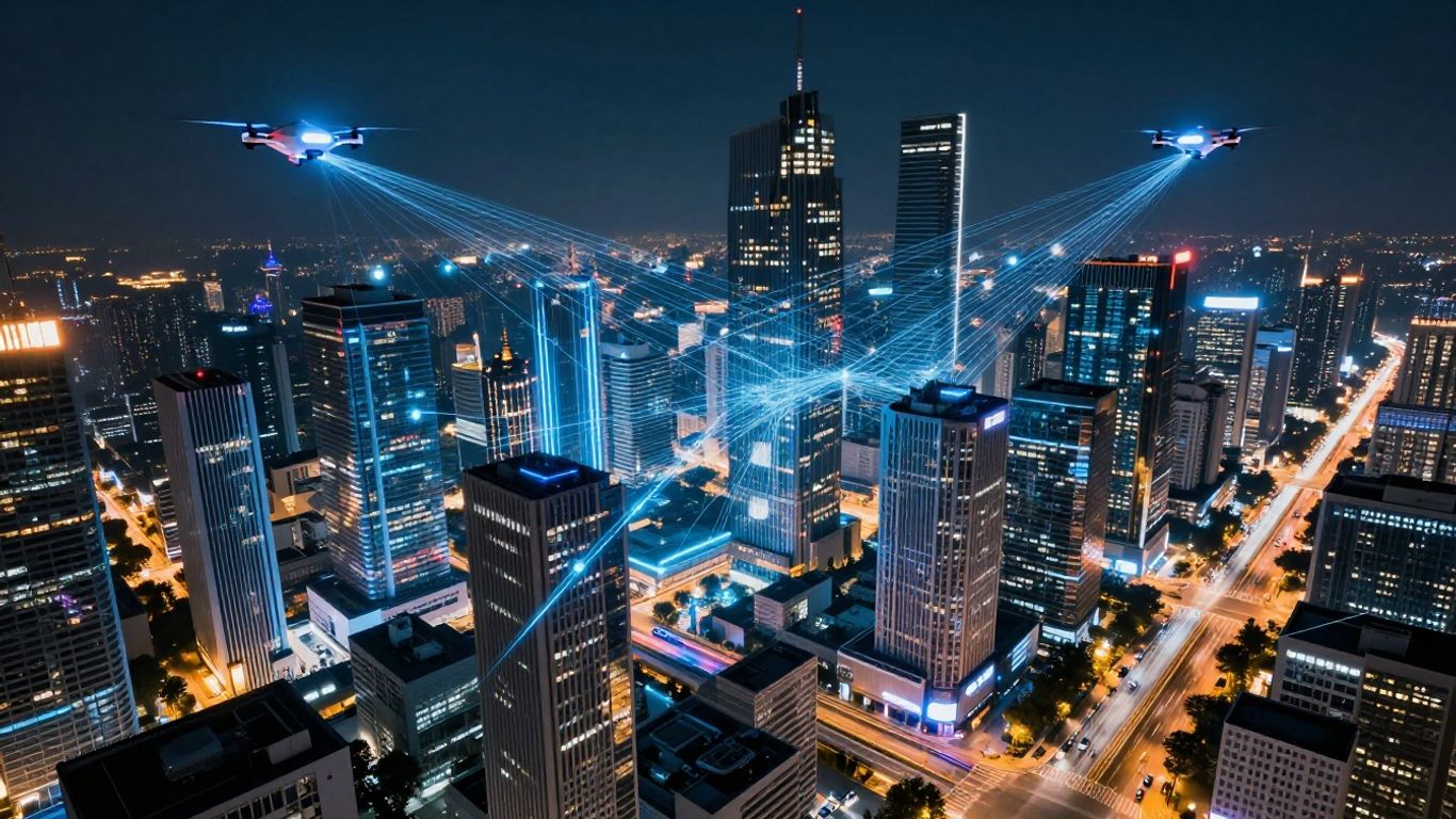 High-tech cityscape with data streams and flying vehicles.