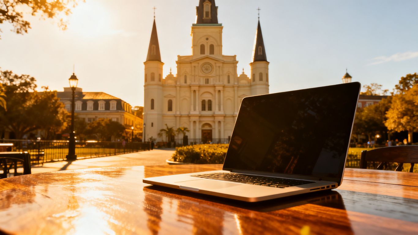 New Orleans skyline with a laptop on a table.