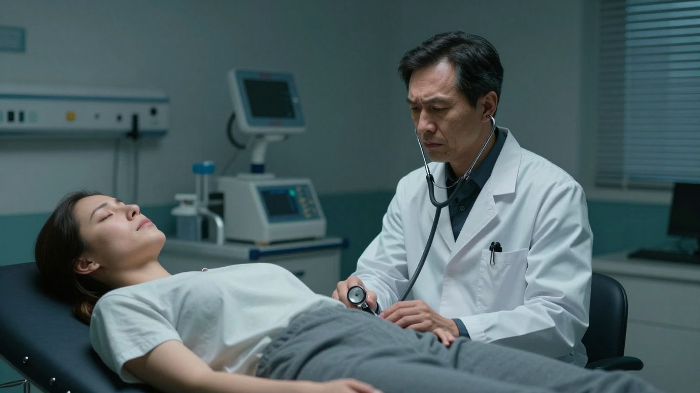 Doctor examining a tired patient on an examination table.