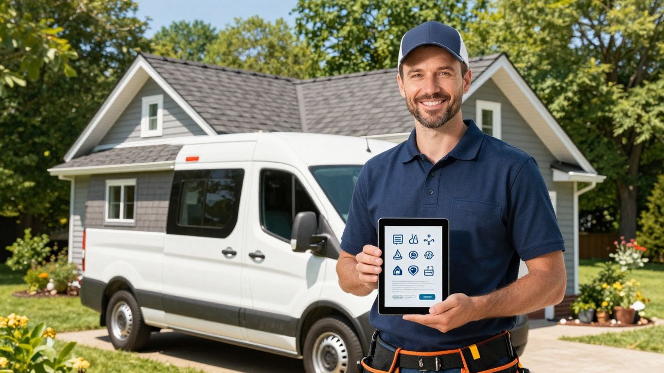 Roofing contractor with van and new roof.