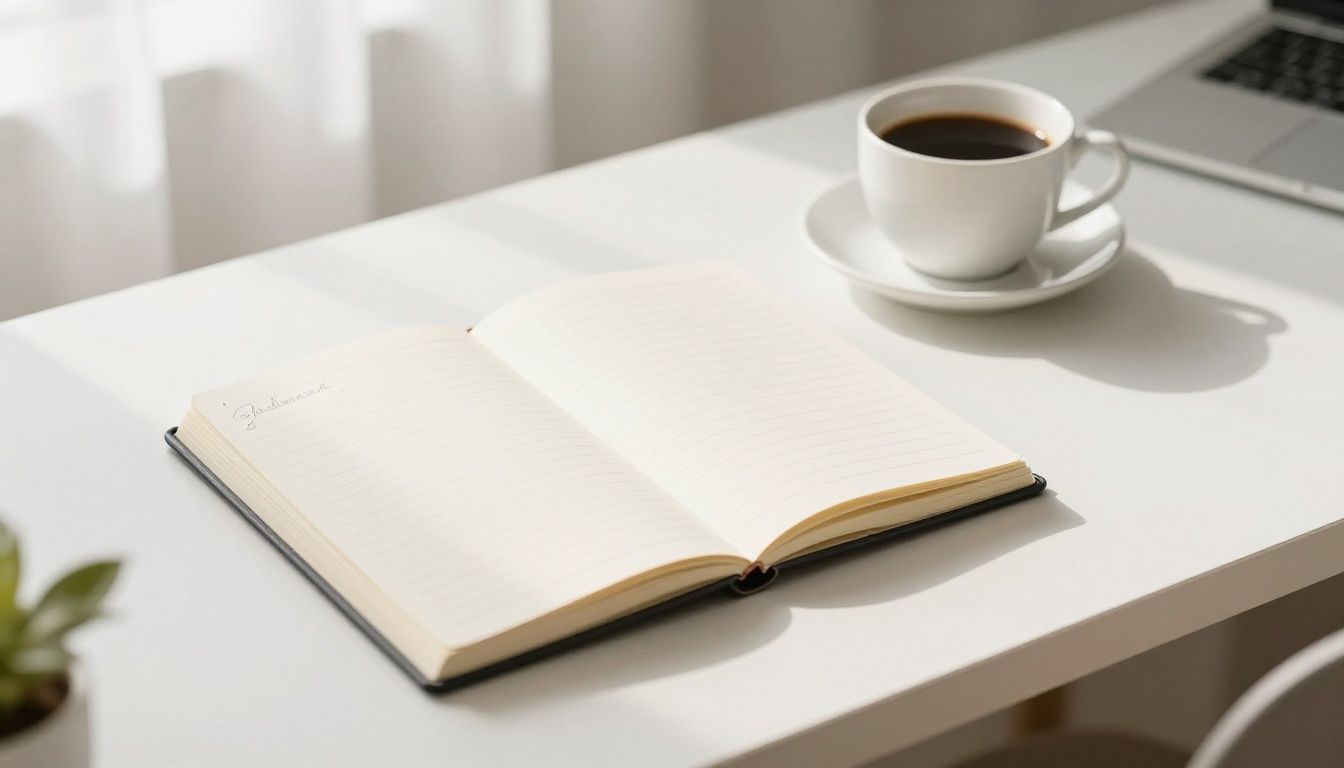 A clean, minimalist home office desk with a notebook, a cup of coffee, and soft morning light, representing intentional, structured, and resilient goal setting.