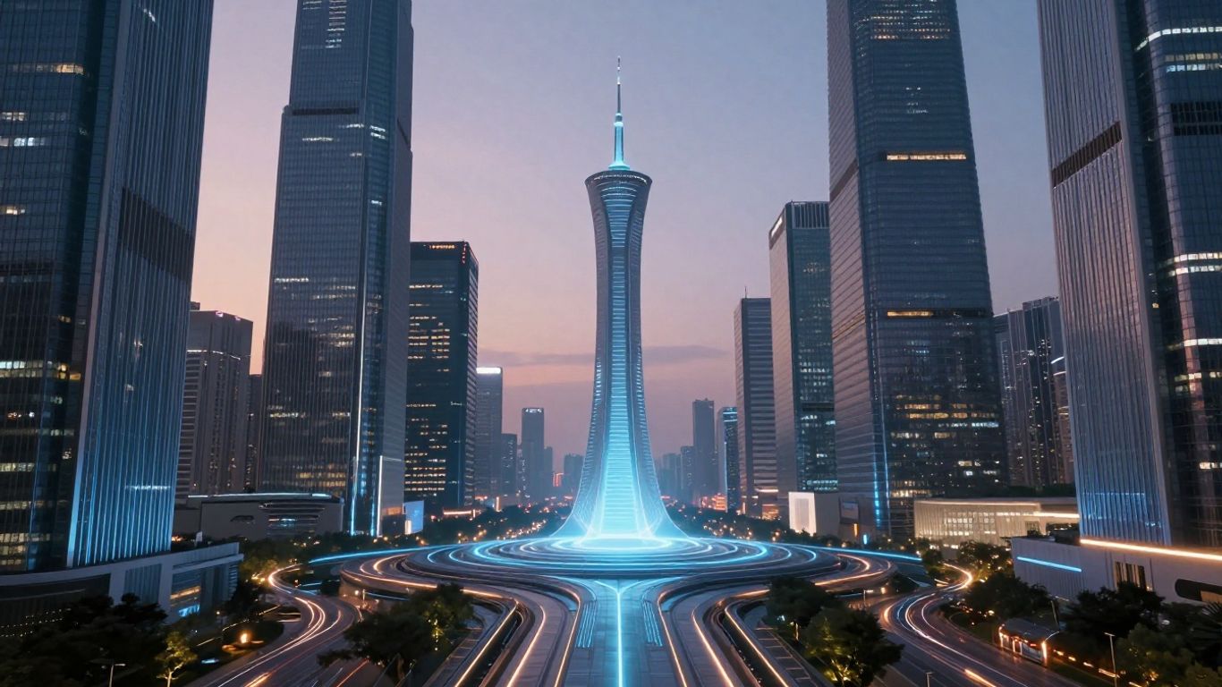 Futuristic cityscape with glowing digital pathways and a hovering portal.