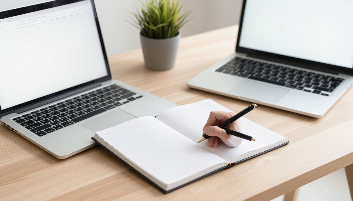 A clean, bright, and organized home office space with a notebook and a laptop, symbolizing mental clarity and productive, intentional living for a driven professional.