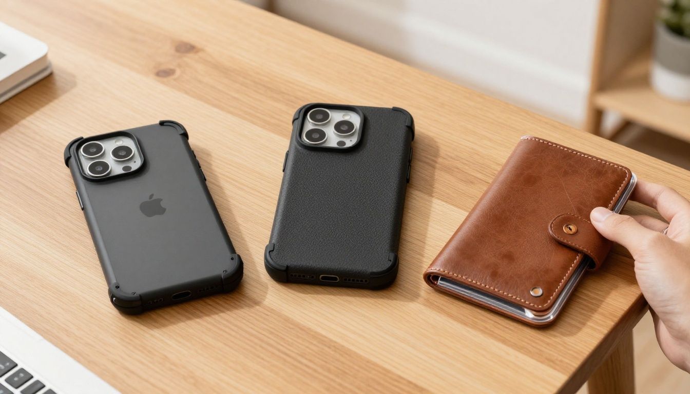 A person sitting at a wooden table in a bright, modern Australian home, comparing three different iPhone 17 cases: a rugged black one, a brown leather wallet style, and a clear waterproof pouch.