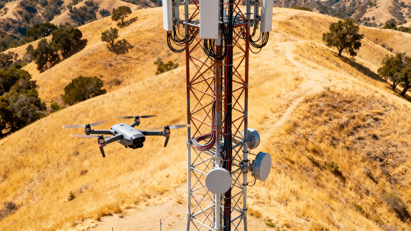Drone inspecting California cell tower structure