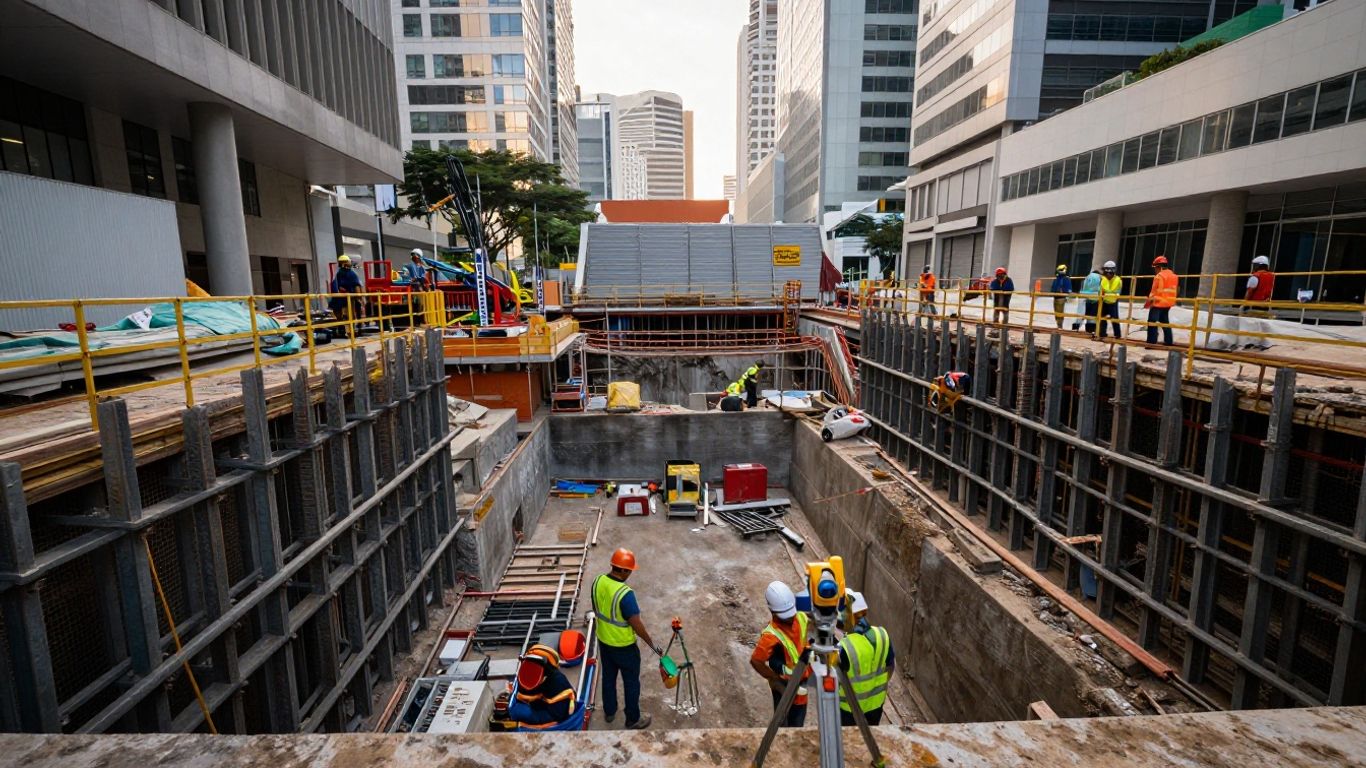Temporary excavation support beside occupied buildings