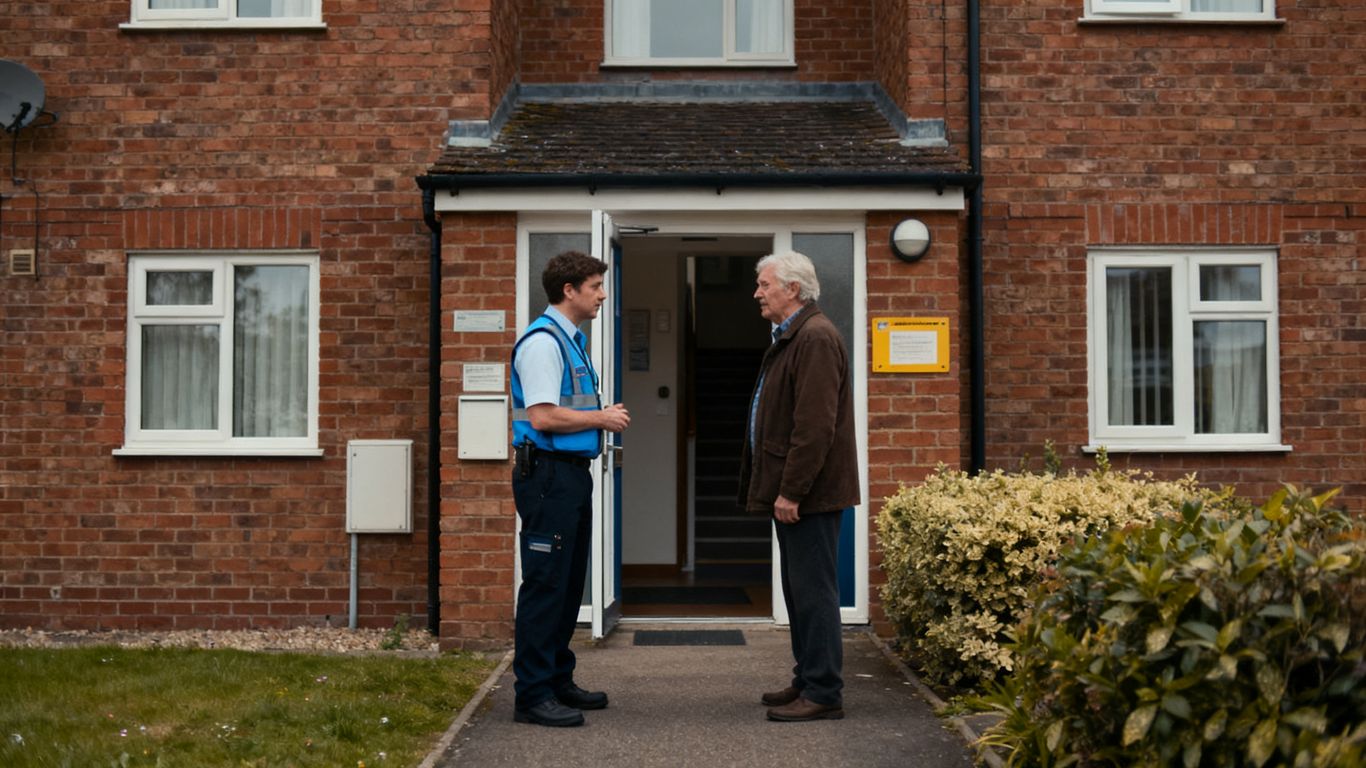 Housing officer reviewing a shared estate entrance