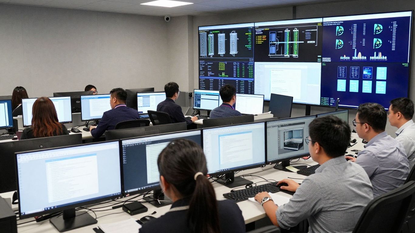 Technician monitoring connected business systems