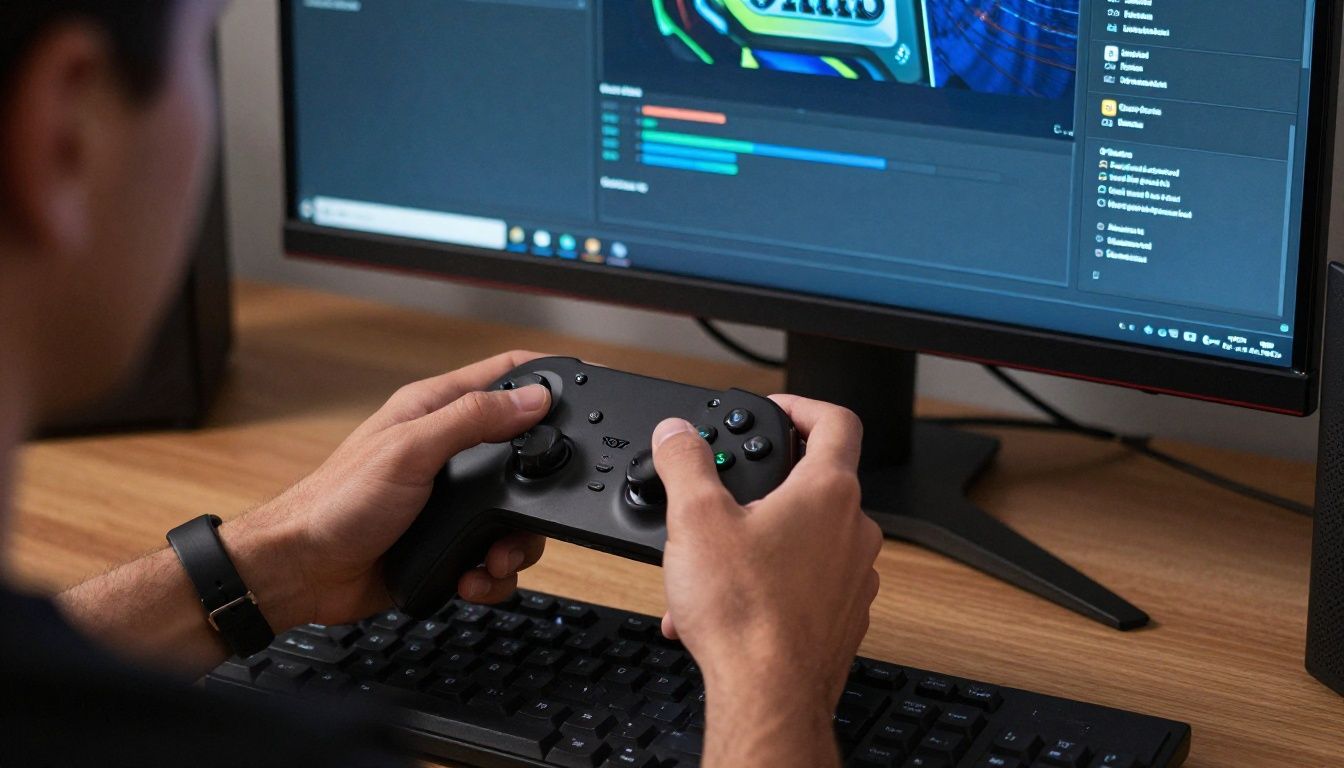 Um jogador de console ajustando as configurações de sensibilidade em um monitor de alta performance