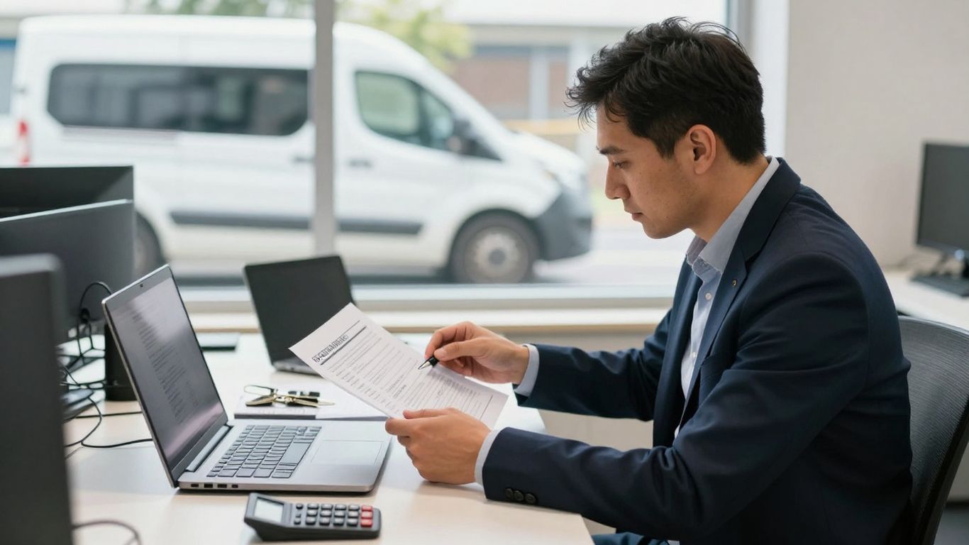 Business owner reviewing van finance documents at desk