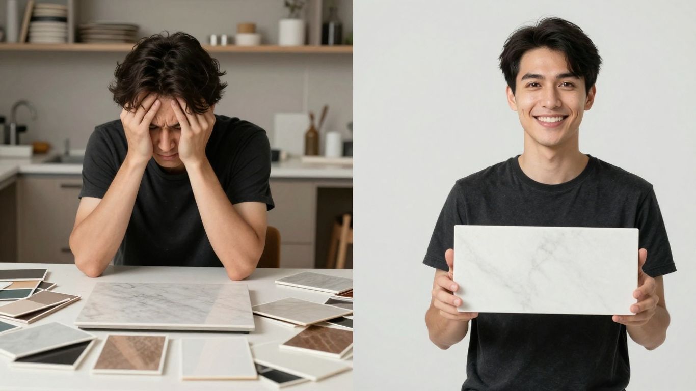 Frustrated person vs. confident person with countertop samples.