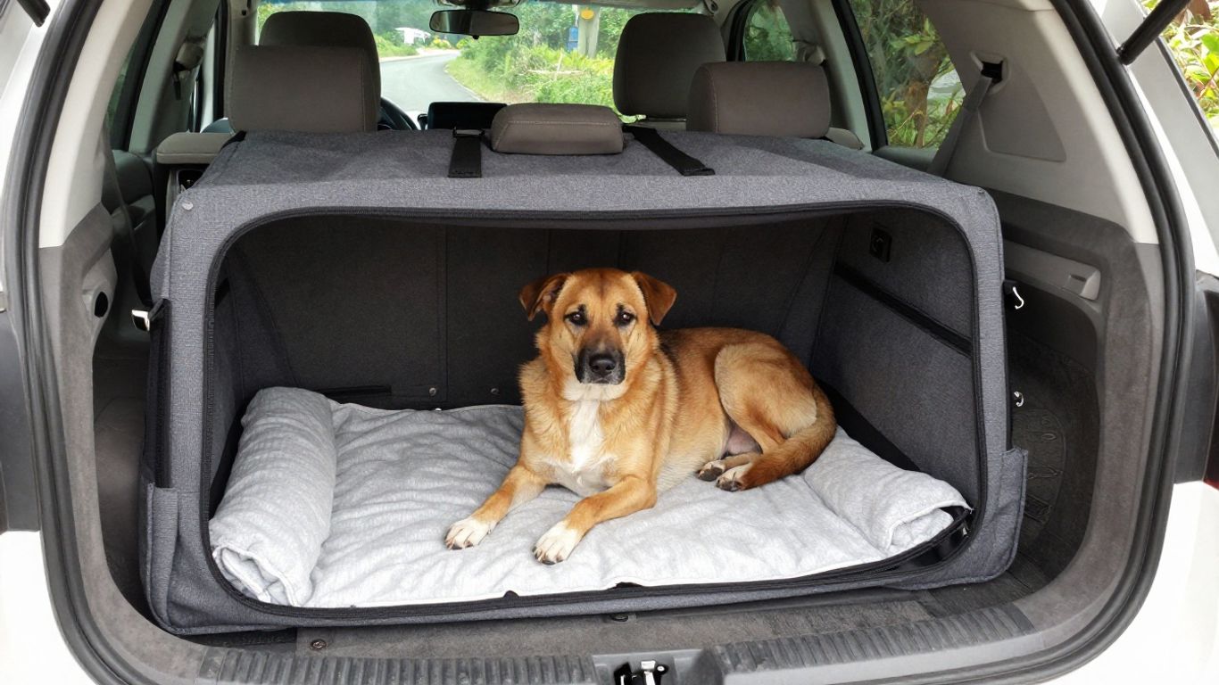Dog resting inside a kennel secured in a parked vehicle