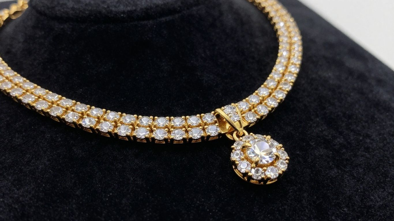 Luxury diamond necklace with intricate gold craftsmanship.