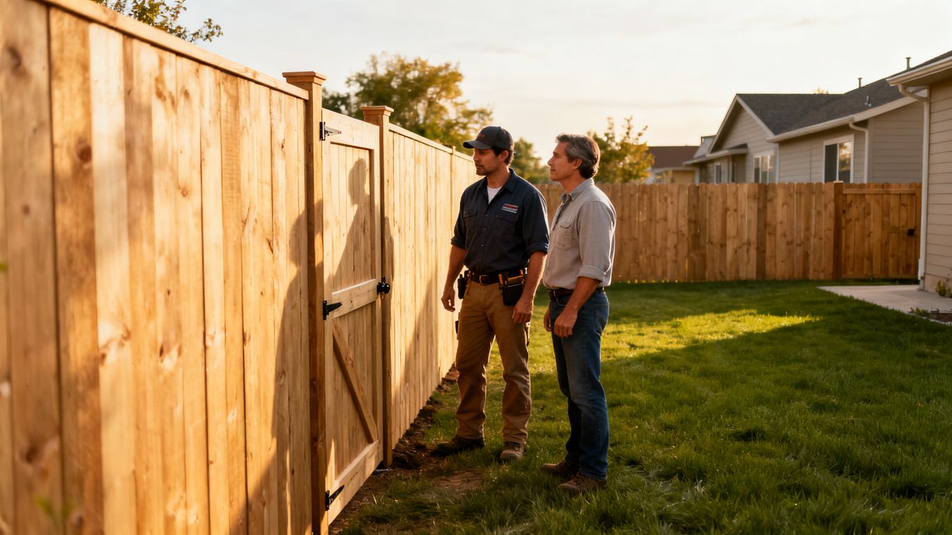 Fence contractor reviewing a completed backyard fence