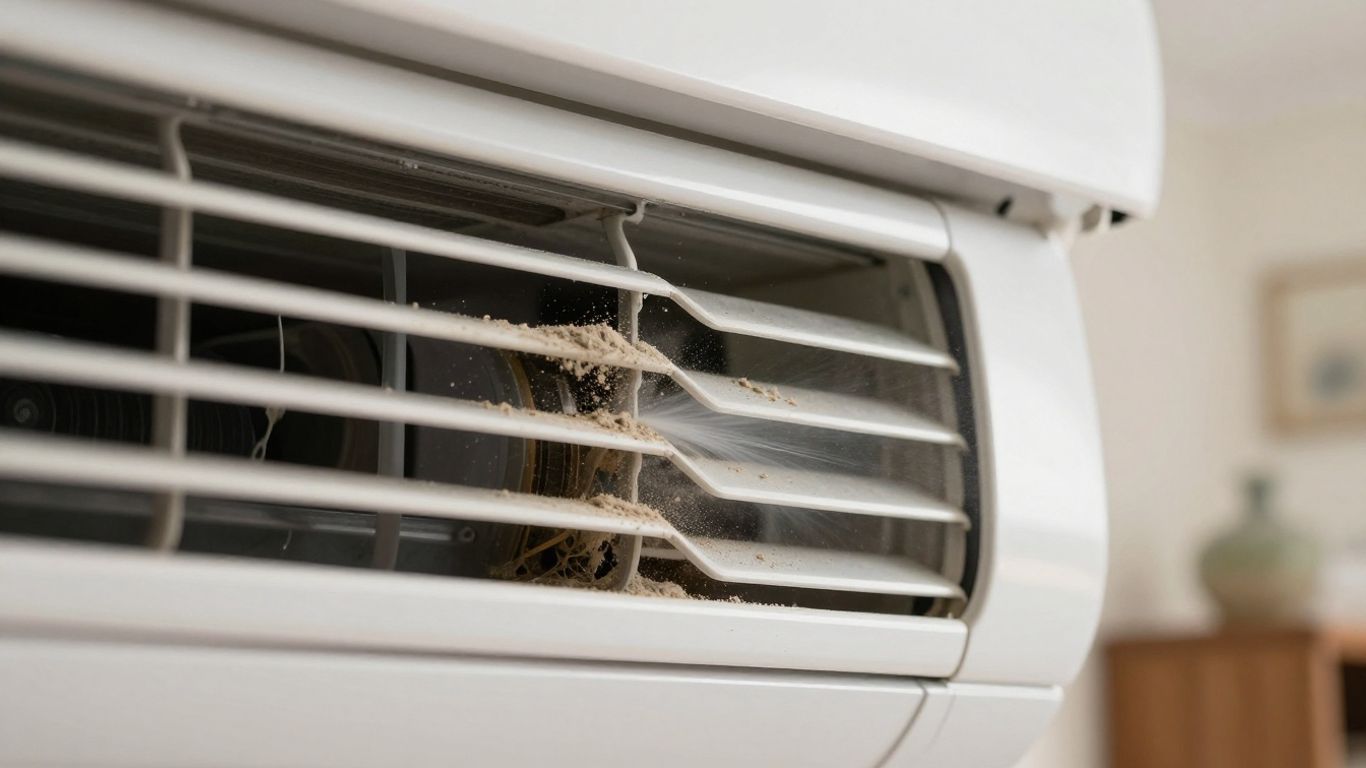 Blocked AC vent with dust and household items nearby