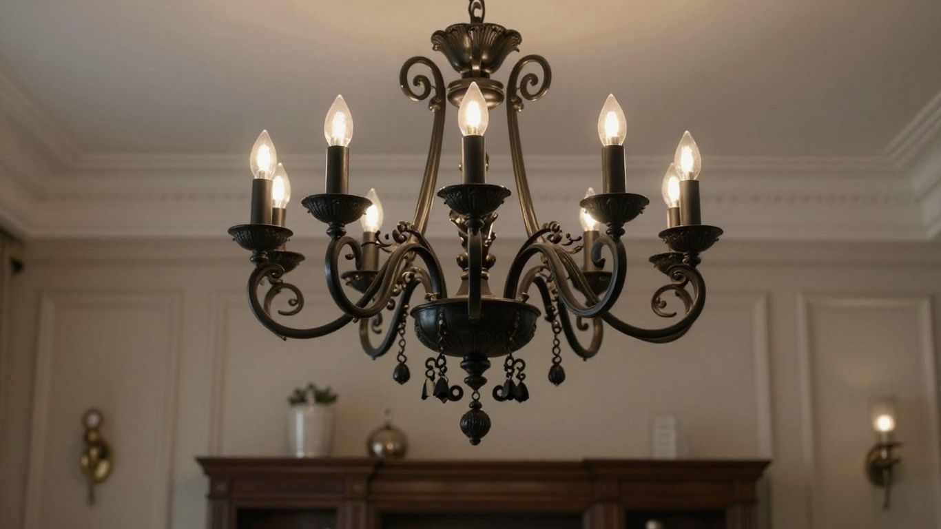 Elegant black chandelier illuminating a stylish room.
