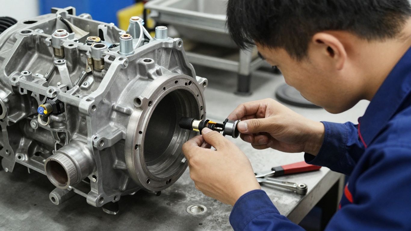 Mechanic checking gearbox identification details