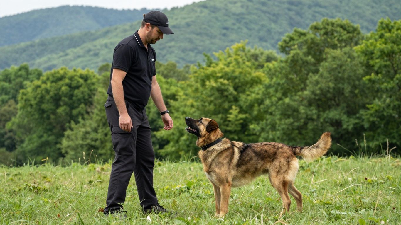 Handler training a dog outdoors with an e-collar.