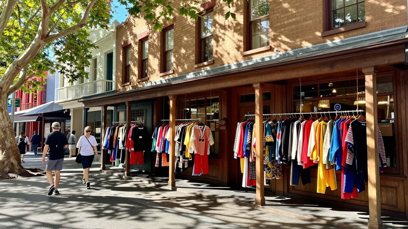 Secondhand clothing racks on a leafy Sydney street