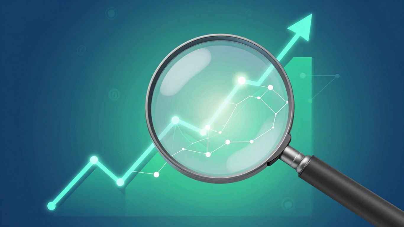 Magnifying glass over abstract digital growth pattern.