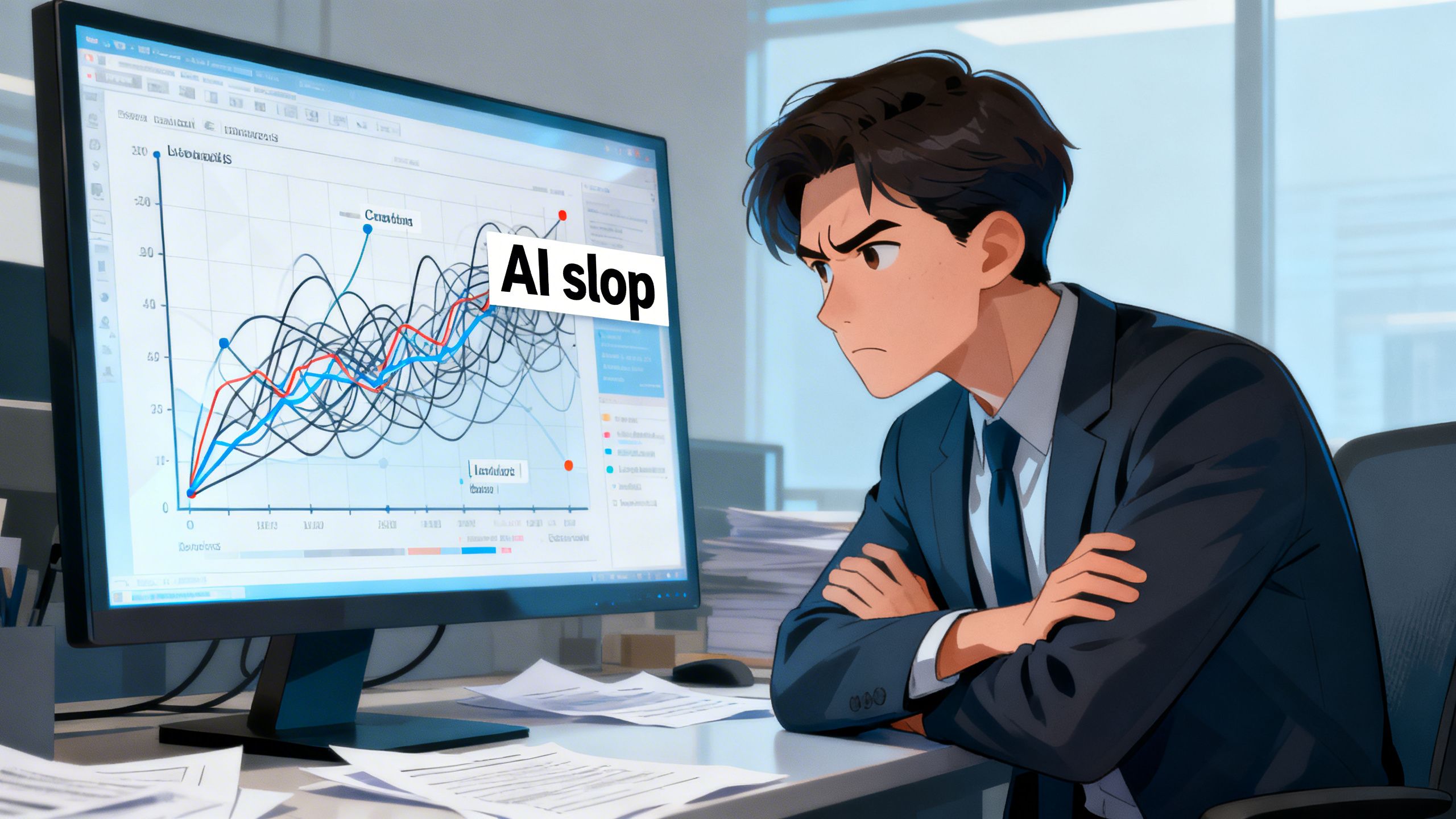 A person looking skeptically at a computer screen showing a confusing chart, highlighting the need to critically evaluate AI-generated reports and avoid 'AI slop'.