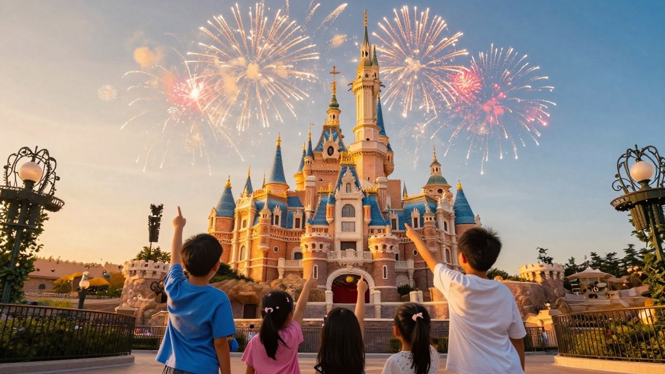 Disneyland castle with fireworks and happy families.