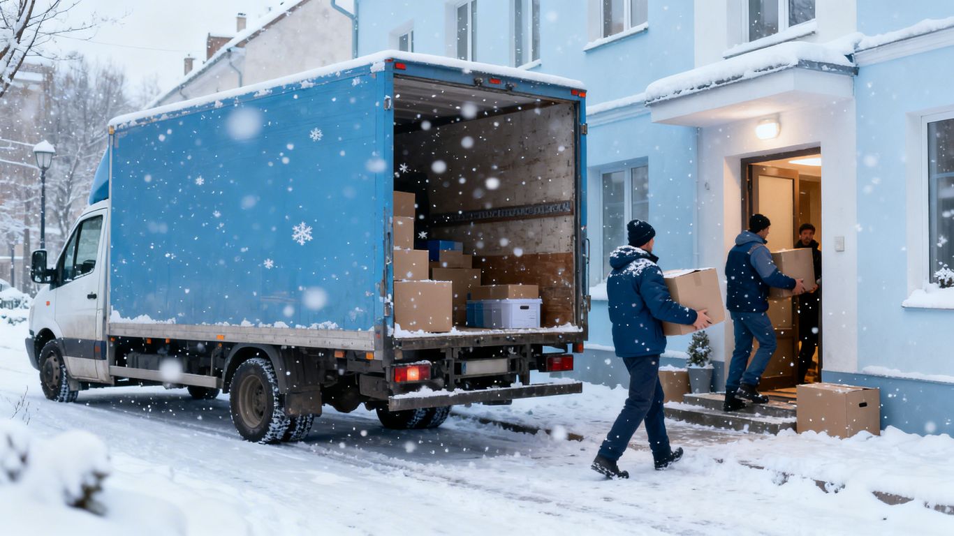 Moving truck in winter snow