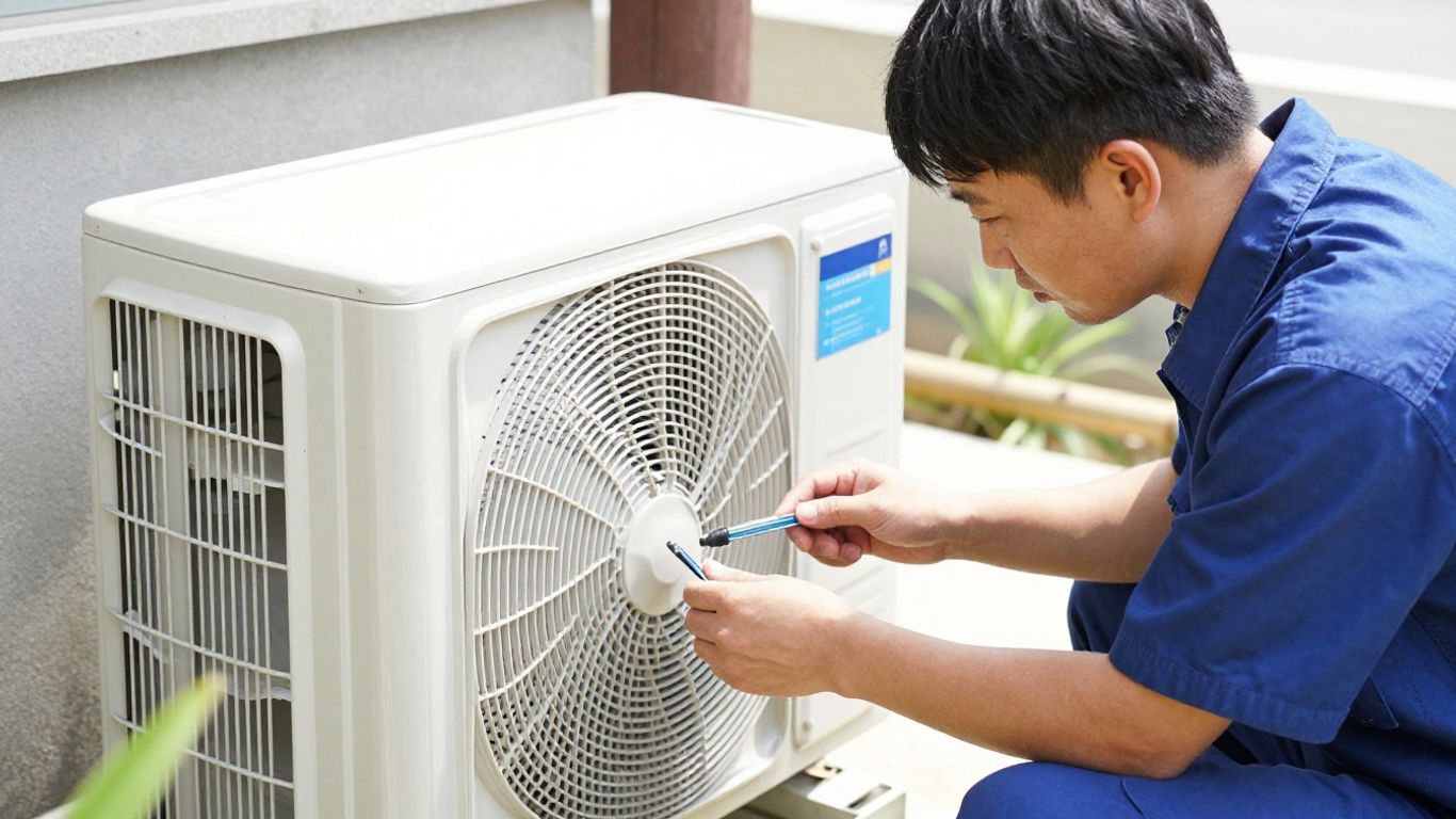AC repair technician working on an outdoor air conditioning unit.