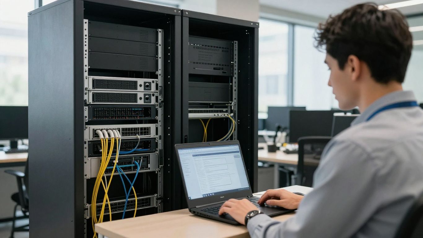 Technician inspecting an office network rack