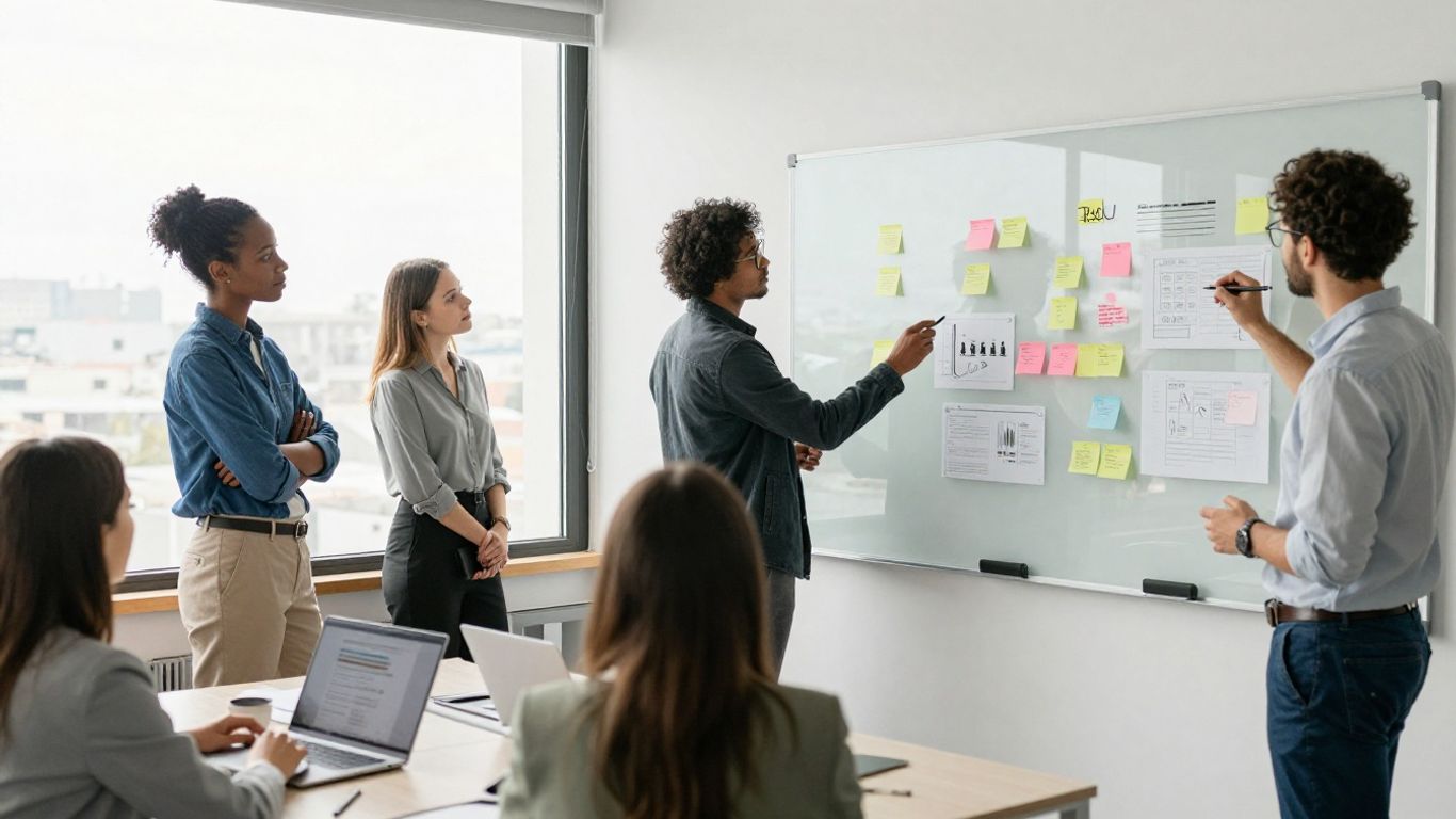A diverse team of professionals collaborating in a modern office