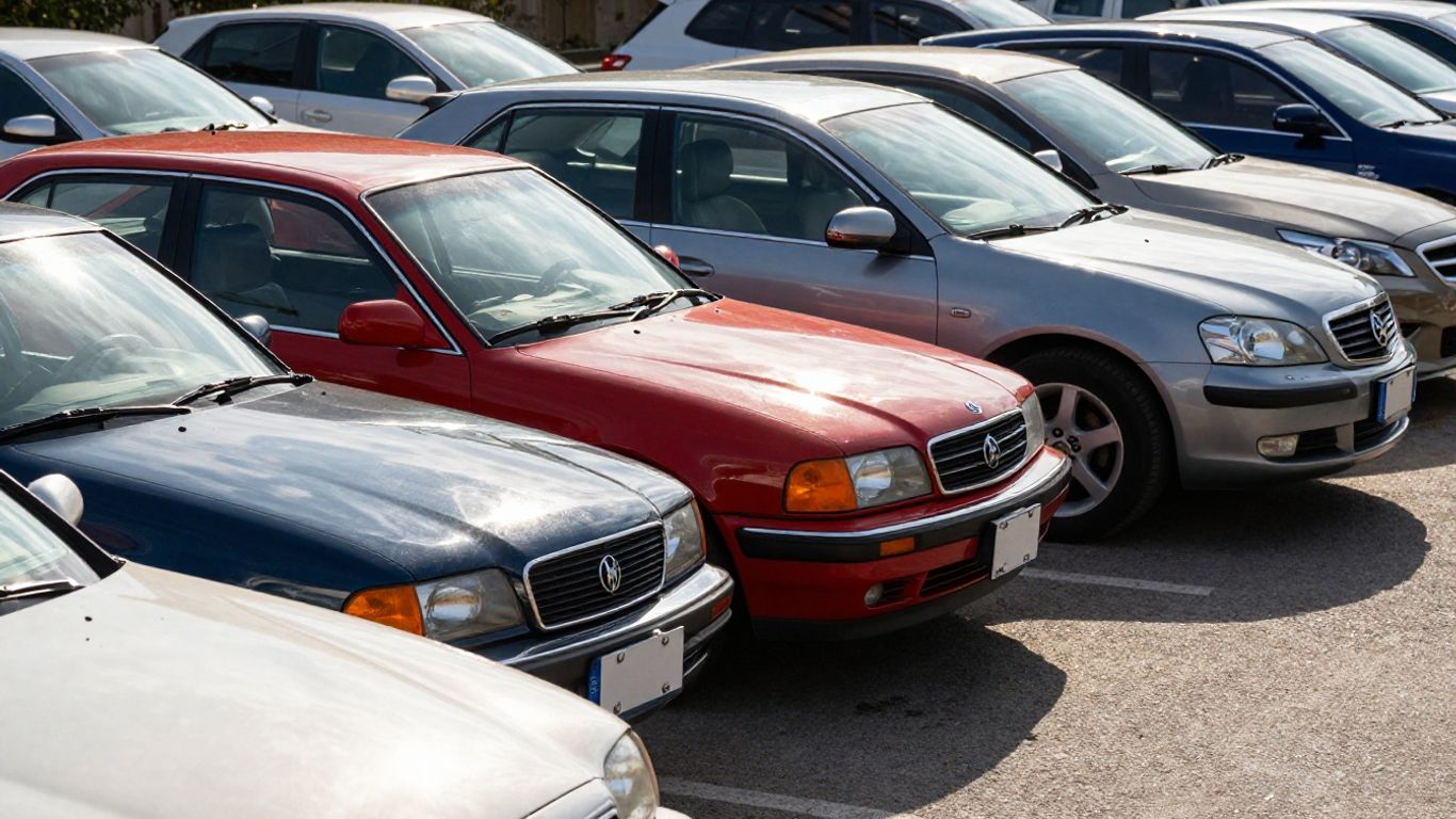 Used cars parked in a lot, various colors and models.