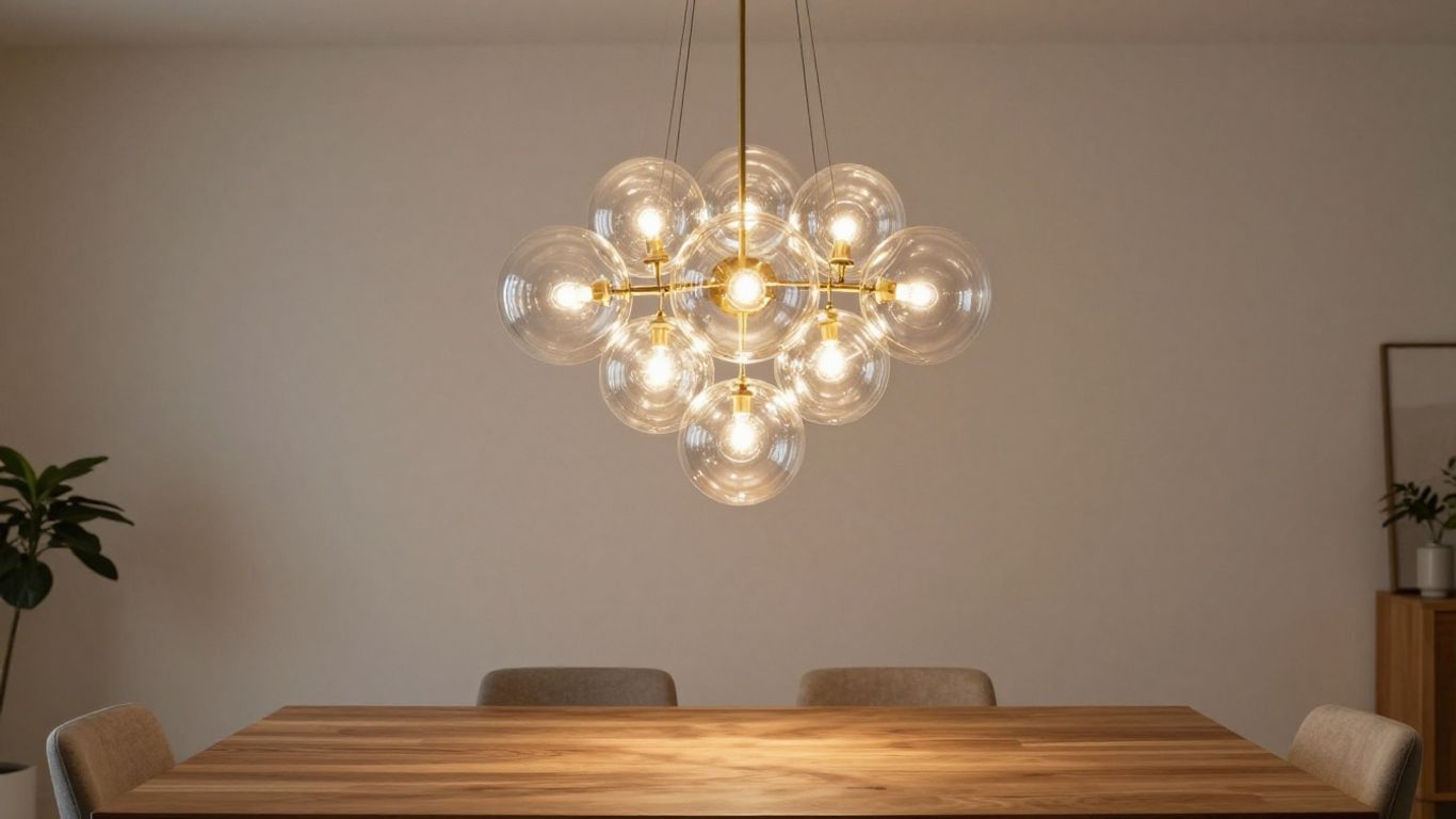 Modern bubble light chandelier illuminating a dining room.