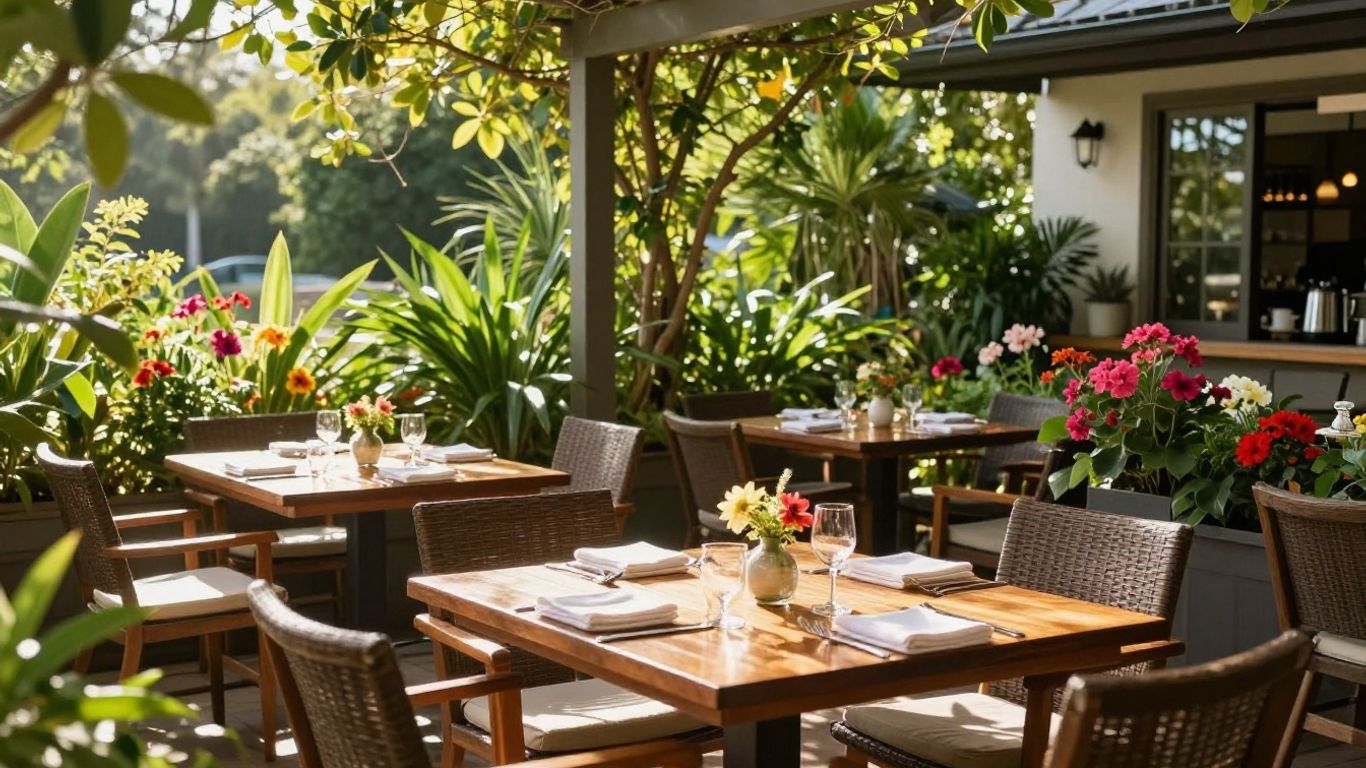 Oak & Vine patio with tables, chairs, greenery, and sunlight.