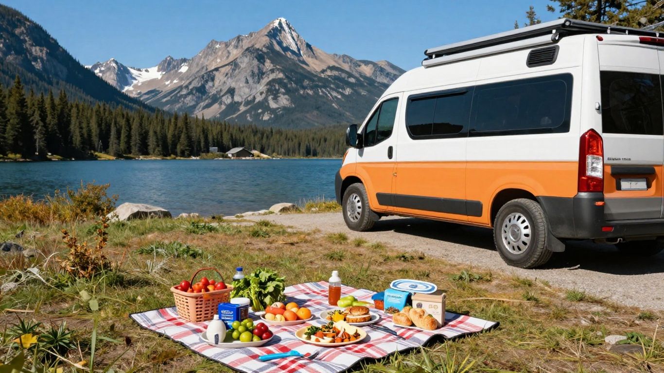 Campervan picnic with groceries and scenic Canadian backdrop.
